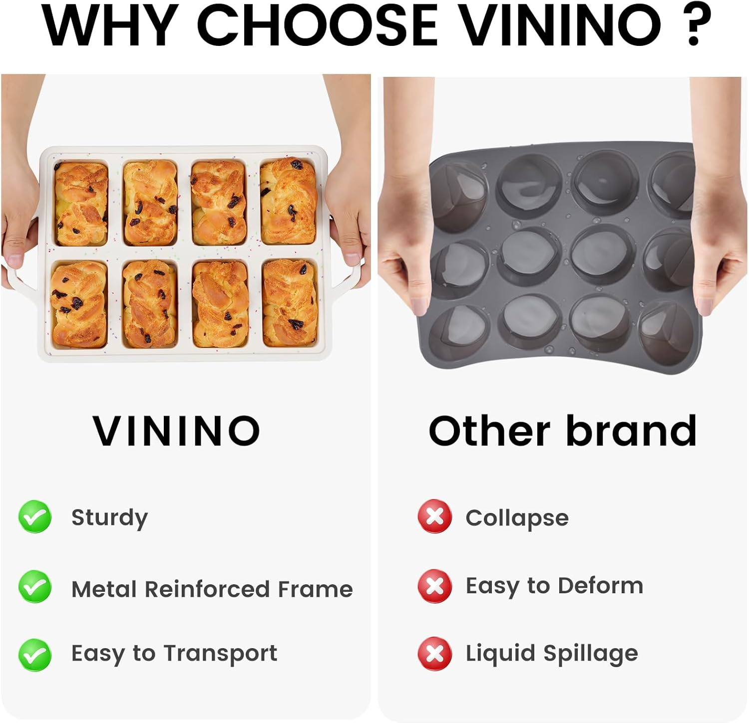 Vinino Silicone Mini Loaf Pans with Metal Reinforced Frame-1 Pack, Non-Stick Silicone Bread Pan for Baking 8-Cavity, Tiny Banana Bread Pan Set, Dishwasher Safe Brownie Pan-Cream