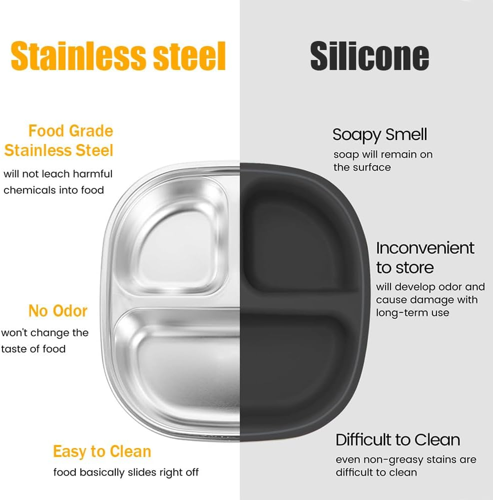 SHENMAIDAY 4-Pack Stainless Steel Small Dinner Plates, Stainless Steel Trays, Portion Control Divider Trays with Lids, 3-Compartment Lunch Divider Trays, Family Camping Metal Food Trays image number 2