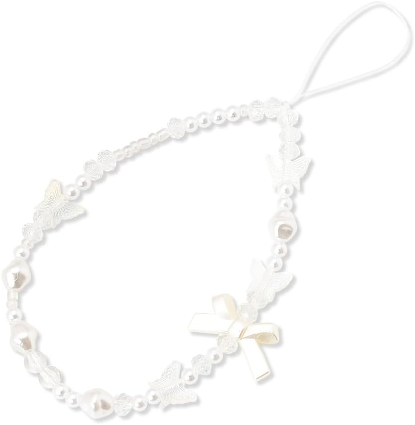 Beaded Cell Phone Lanyard for Women Girls - Bowknot Butterfly Pearl White Charm Bracelet - Handmade Anti-Lost Chain Cute Wrist Strap for Case
