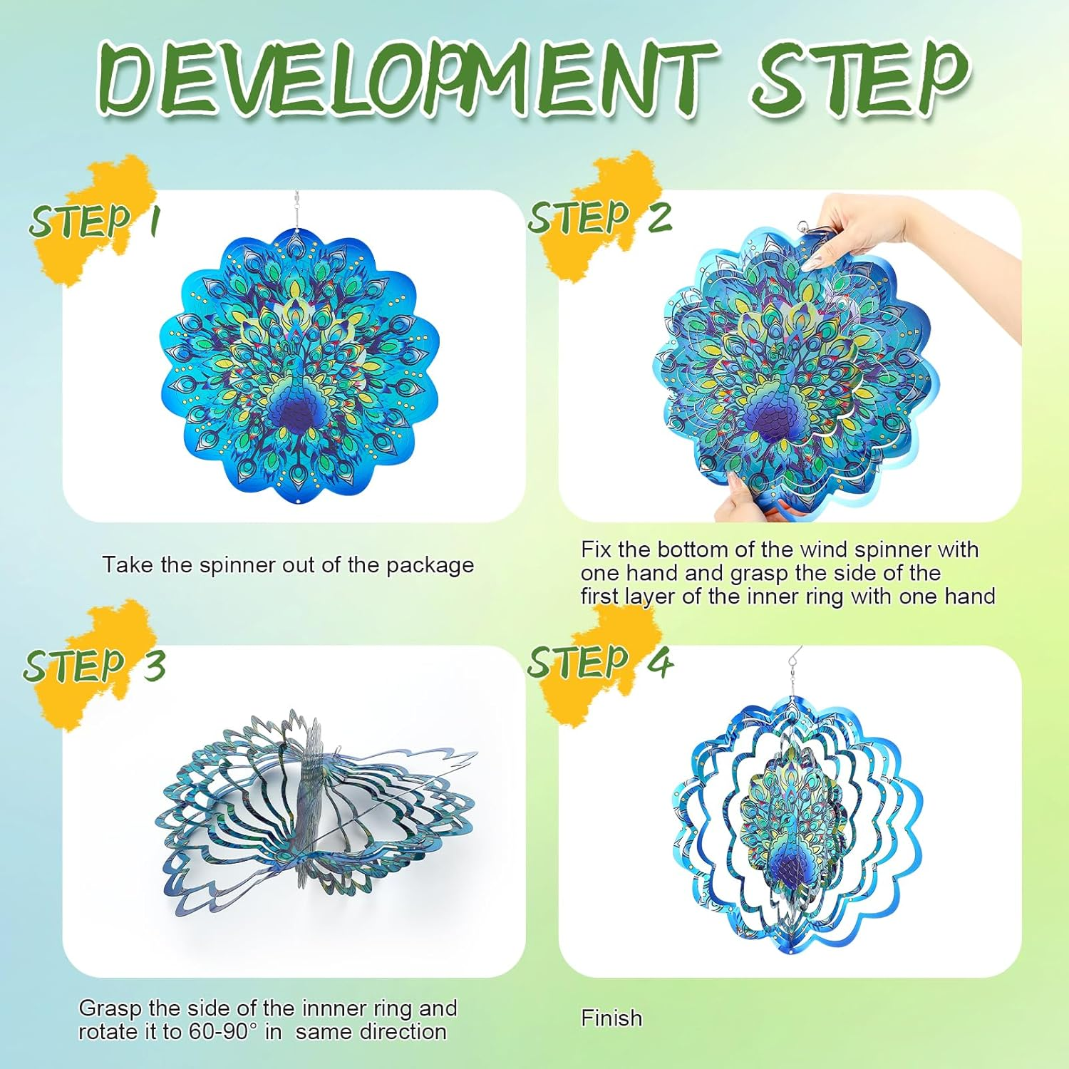 Metal Wind Spinners, Peacock Stainless Steel 3D Hanging Wind Spinners, 12 Inch Laser Cut Wind Sculptures for Women Gift, Indoor/Outdoor Decor, Yard Art Decorations (Peacock) image number 1