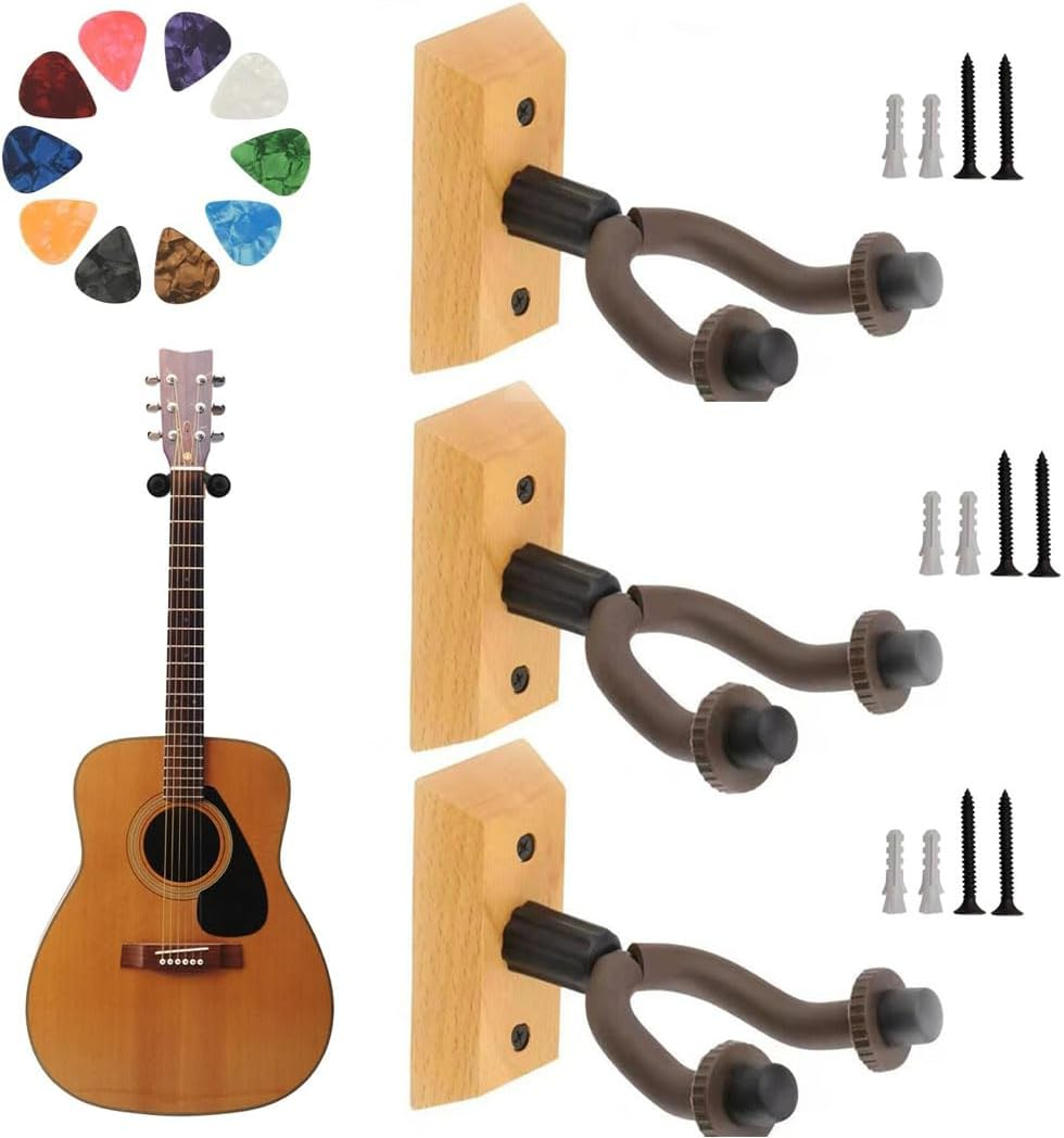 Guitar Wall Mount, 3 Pack Hangers with 10 Picks, Hardwood Holder Adjustable Hook, Electric and Acoustic Wall Mount for Bass, Mandolin image number 2