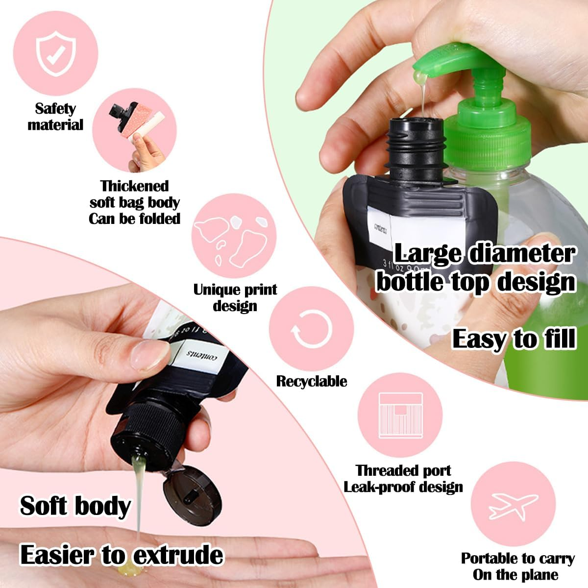 21 Pack Squeeze Pouches for Toiletries Liquid, Plastic Portable Refillable Travel Pouches, Leak Proof Fluid Makeup Packing Bag for Lotion Shampoo Conditioner Face Cream Hand Soap image number 5