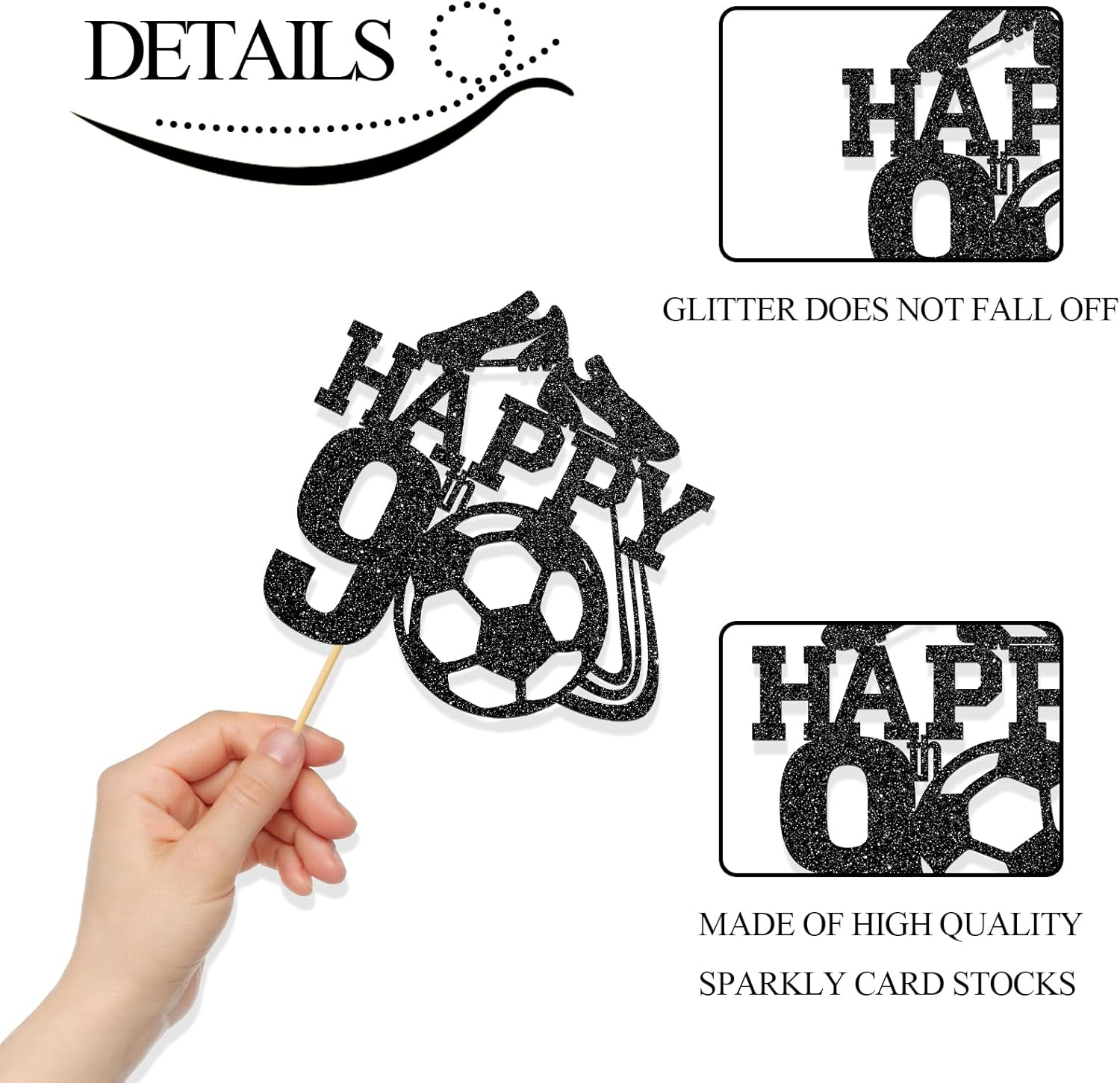 Monmon & Craft Soccer 9Th Birthday Cake Topper/Sport Theme Soccer Ball Cake Docer/Soccer Player Boy 9Th Birthday Party Decorations - Black Glitter image number 1