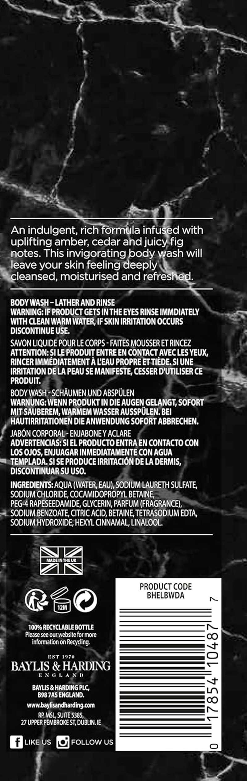 Baylis & Harding Elements Dark Amber & Fig Luxury Body Wash 500Ml - Pack of 4 - Vegan Friendly image number 5