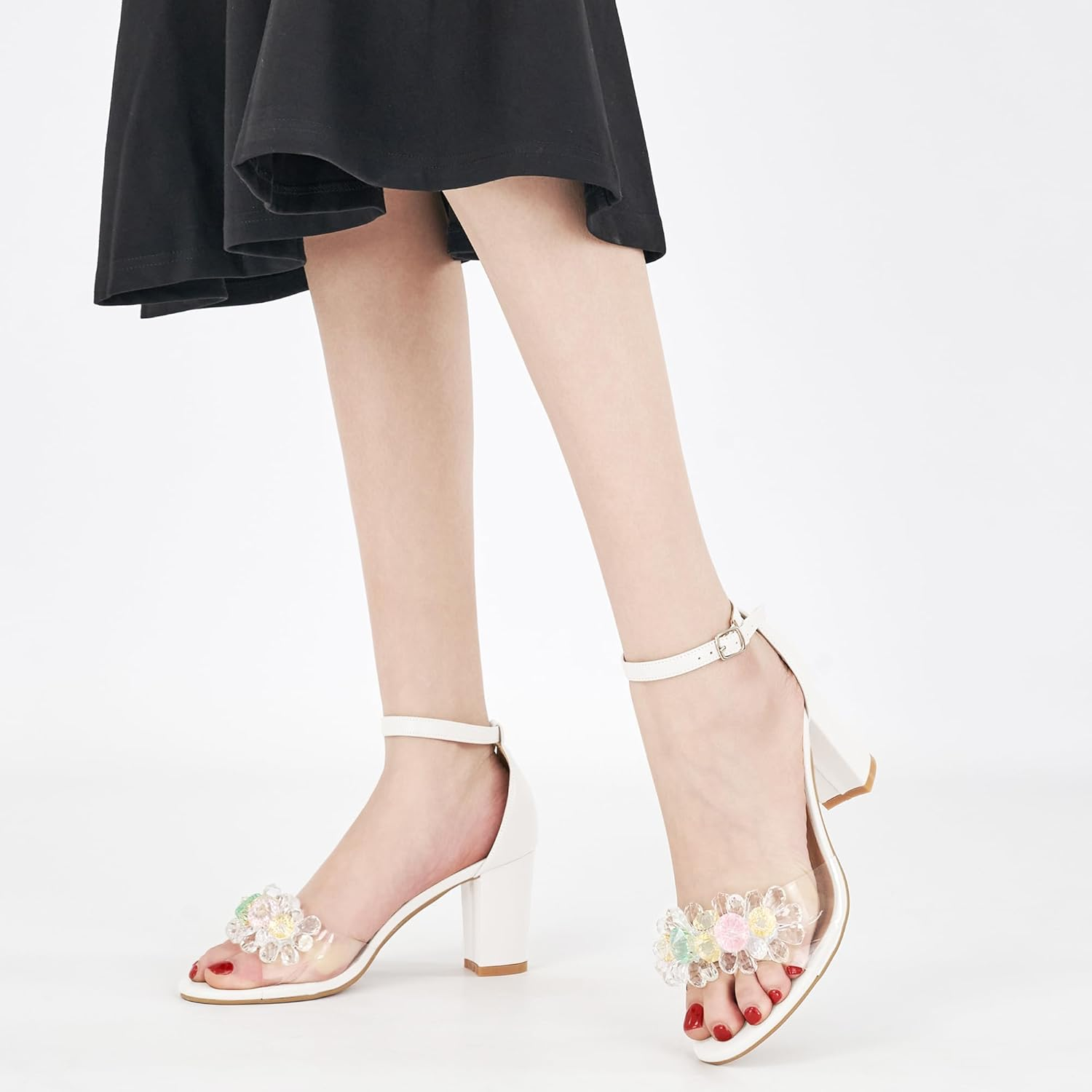 Aomigoct Chunky Heels for Women Wedding: Black 8 Dressy Comfortable High Heeled Sandals for Fashion Bridal with Crystal Decor image number 4