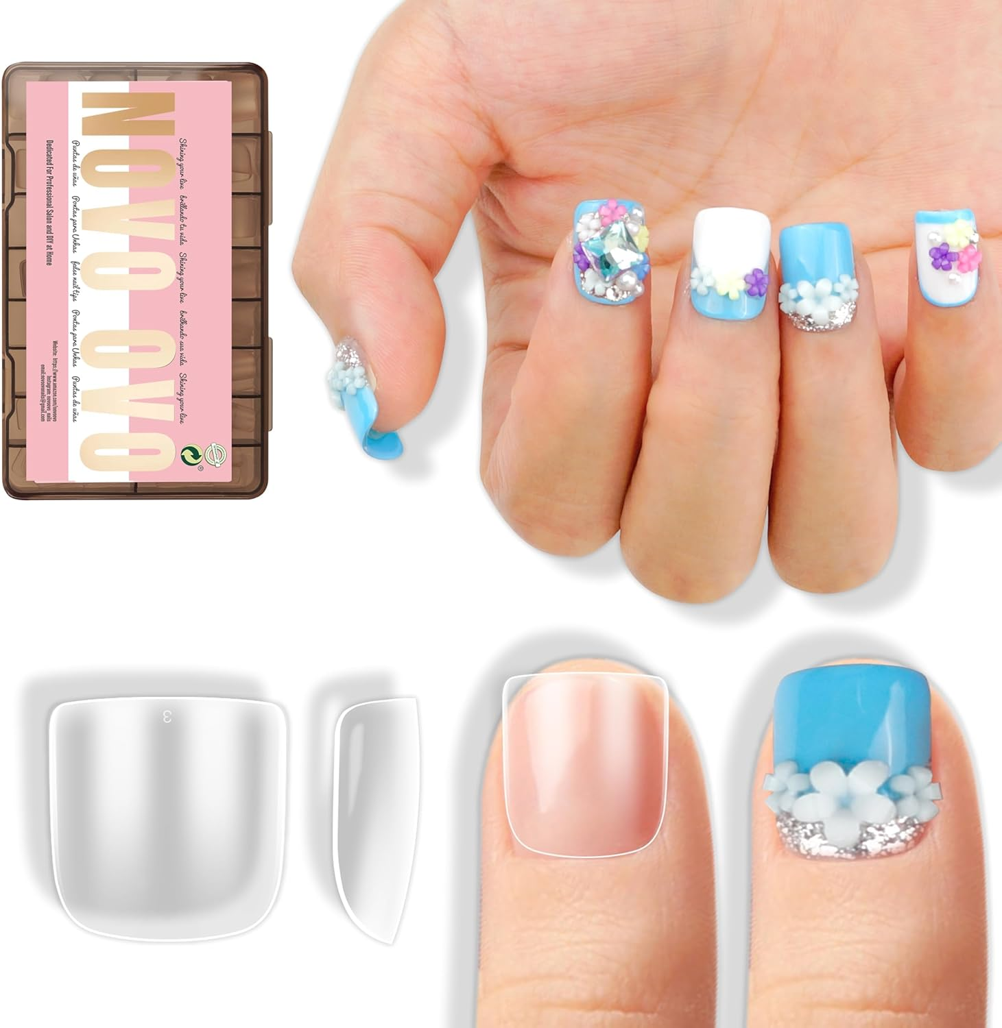 NOVO OVO Short Duck Nail Tips French Tip Press on ROSE PINK with Glitter, Pre-Designed Soft Gel Nail Extension, Pre-Applied Tip Base Coat, Full Cover Acrylic False Nails for DIY X 12 Sizes 240 Pcs