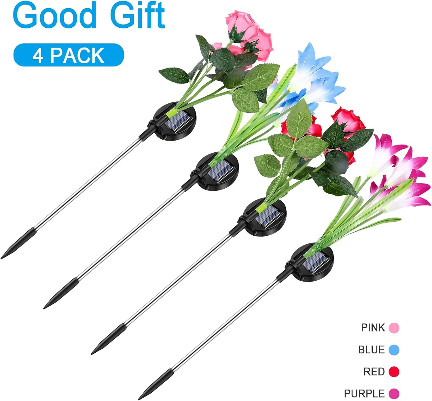 Outdoor Solar Garden Stake Lights, Solar Powered Light with 5 Rose and 4 Lily Flower, Solar Pathway Lights for Outdoor, Decorative, Party, Festival, Christmas, Patio Courtyard Lawn (4 Pack) image number 3