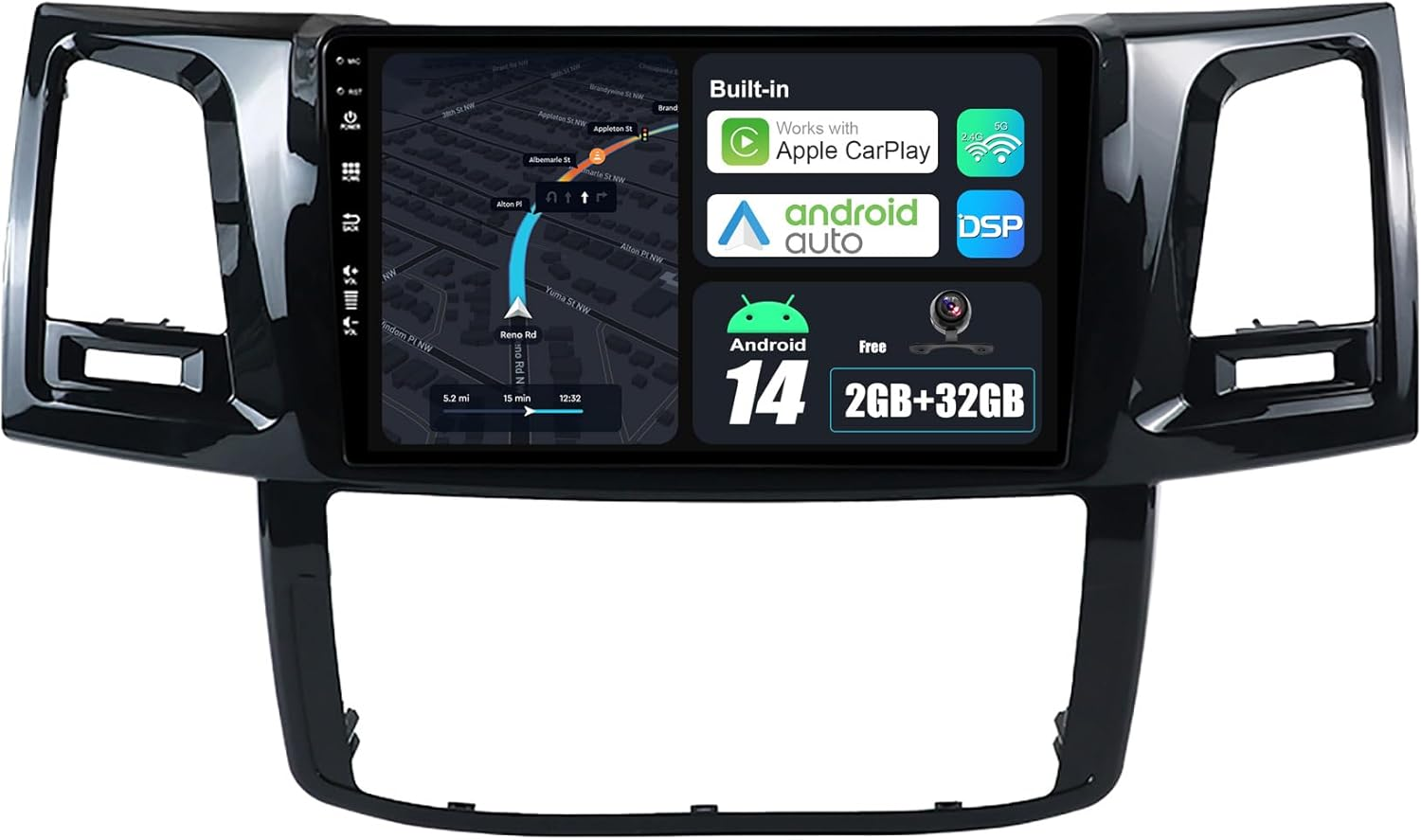 Android 14 IPS Car Stereo for Toyota Fortuner Hilux Revo Vigo (2005-2014) - 2G+32G - Wireless Carplay/Android Auto - Rear Camera Free - 9 Inch 2 Din - DAB Steering Wheel Fast-Boot GPS Navi