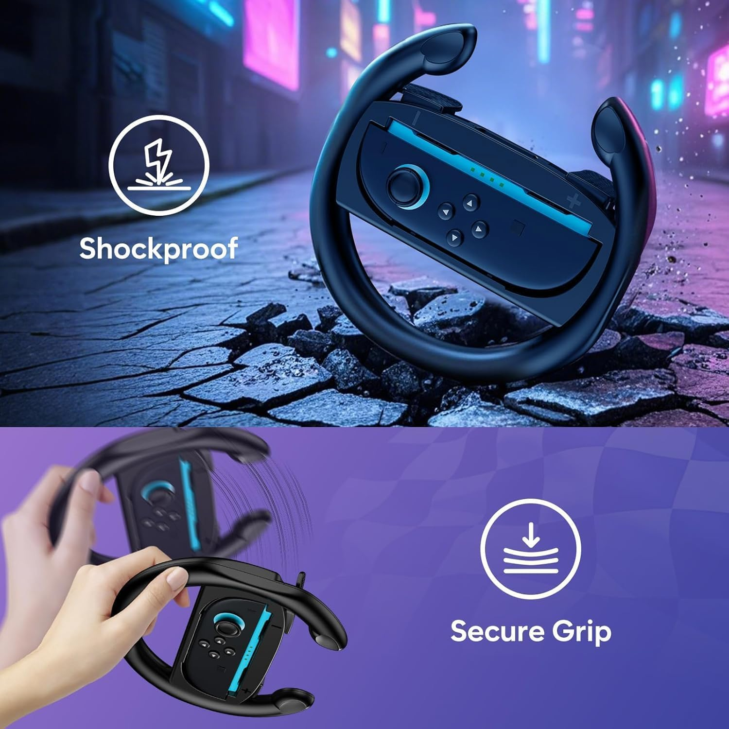 Nintendo Switch Steering Wheel, 2 Pack,Dual Racing Wheel Joy-Con Holder for Mario Kart 8 Deluxe/Live Home Circuit, Ergonomic Grip for Kids & Adults (Black) - Blue  Red image number 4