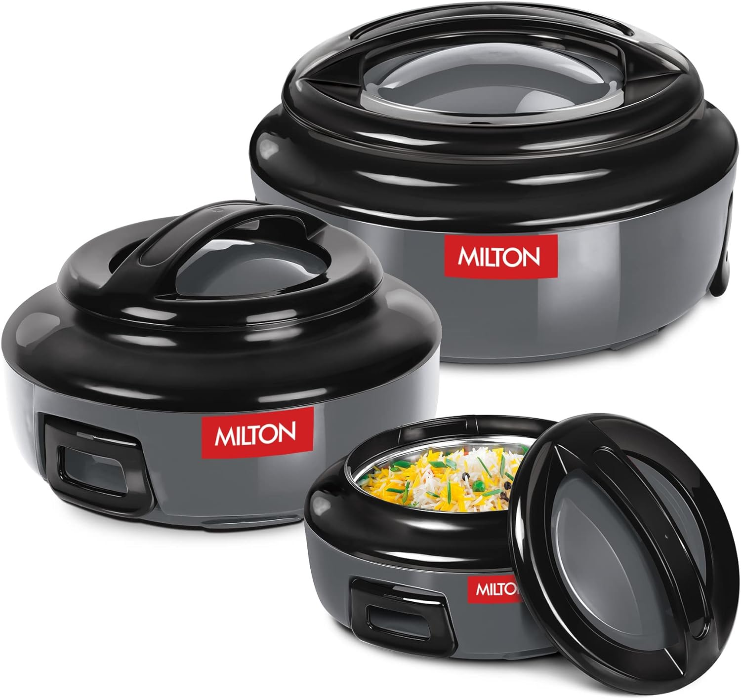 Milton Casserole for Hot Food, Double Walled Insulated Inner Stainless Steel Hot Pot with Lid, Serving Box for Food and Roti, Serving Bowl, Microwave Set of 3 (420 Ml, 850 Ml, 1.43 Lit),Ernesto - Red