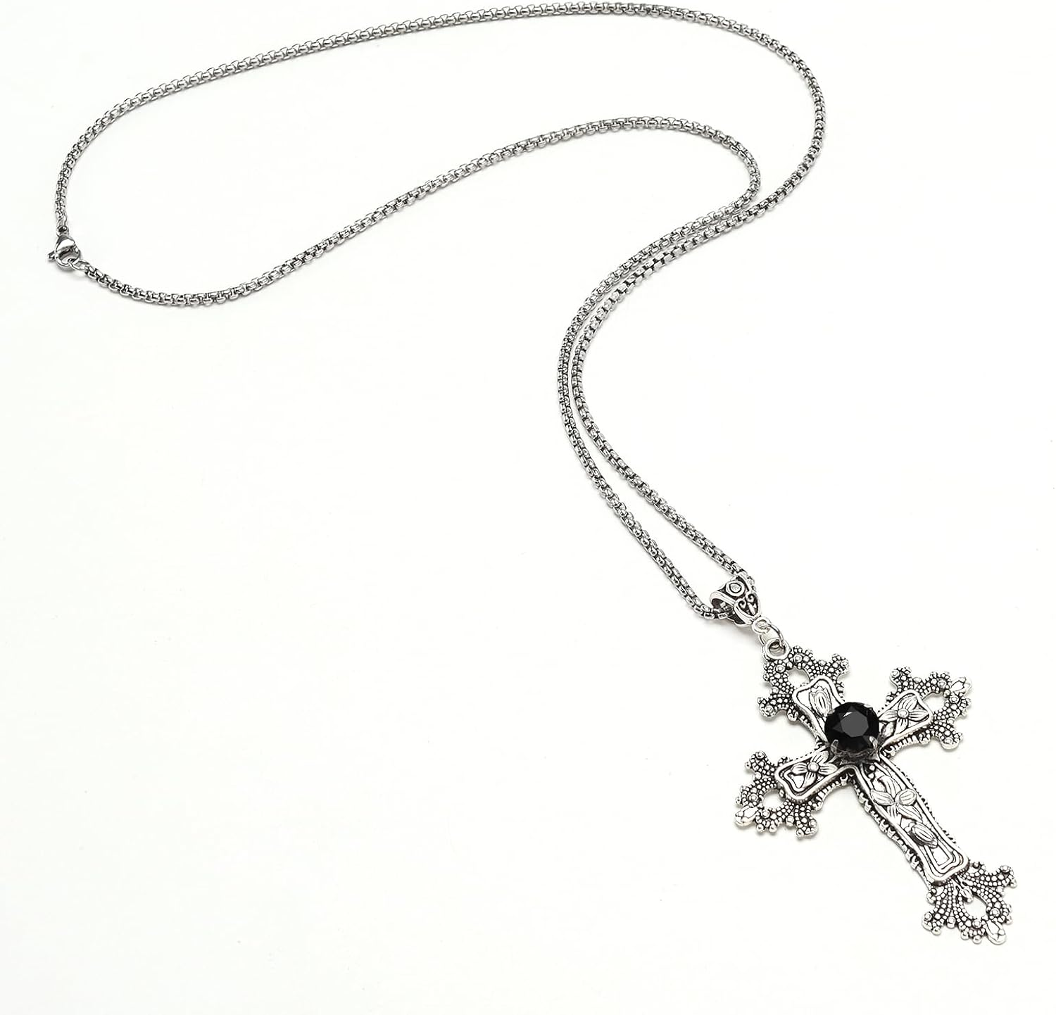 SHUS LIVE Gothic Cross Necklace Silver-Tone Pendant with Glass Stone, on 25&rdquo; Steel Chain, Cross Necklace for Women, Large Goth Silver Cross Necklaces for Man, Big Y2K Necklaces, Halloween Jewelry image number 4