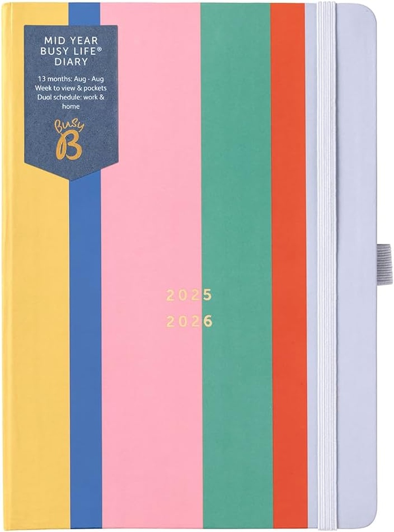 Busy B Diary - A5 Mid-Year Academic Diary - Busy Life Weekly Journal - Aug '25 - Aug '26 - Multi Stripe Cover - Life Planner with Dual Schedules, Year Calendar, Pen Loop, Pockets & Elastic Closure image number 4