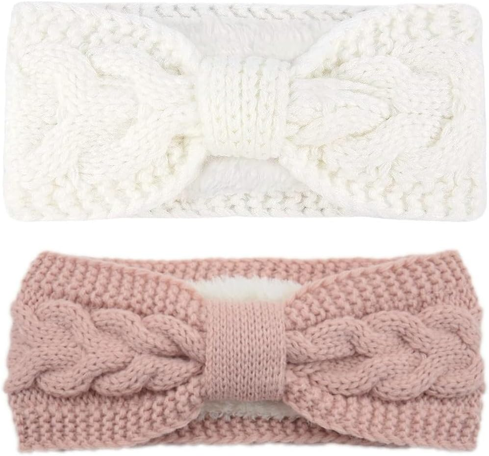 KOMUNJ Winter Headband, Women'S Headbands, Knitted Thick Hair Band, Knitted Warm Headbands, Ear Warmers, Headband for Women and Girls (2 Pieces, White, Pink) image number 6