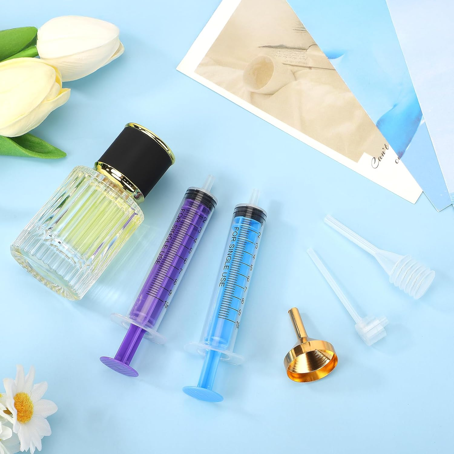 Segbeauty Perfume Cosmetic Transfer Tools, Include 2PCS 10Ml Fragrance Decanter Syringe, Funnel in Metal, Pipettes, Refill Pumps for Spray Bottle (Blue + Purple) image number 5