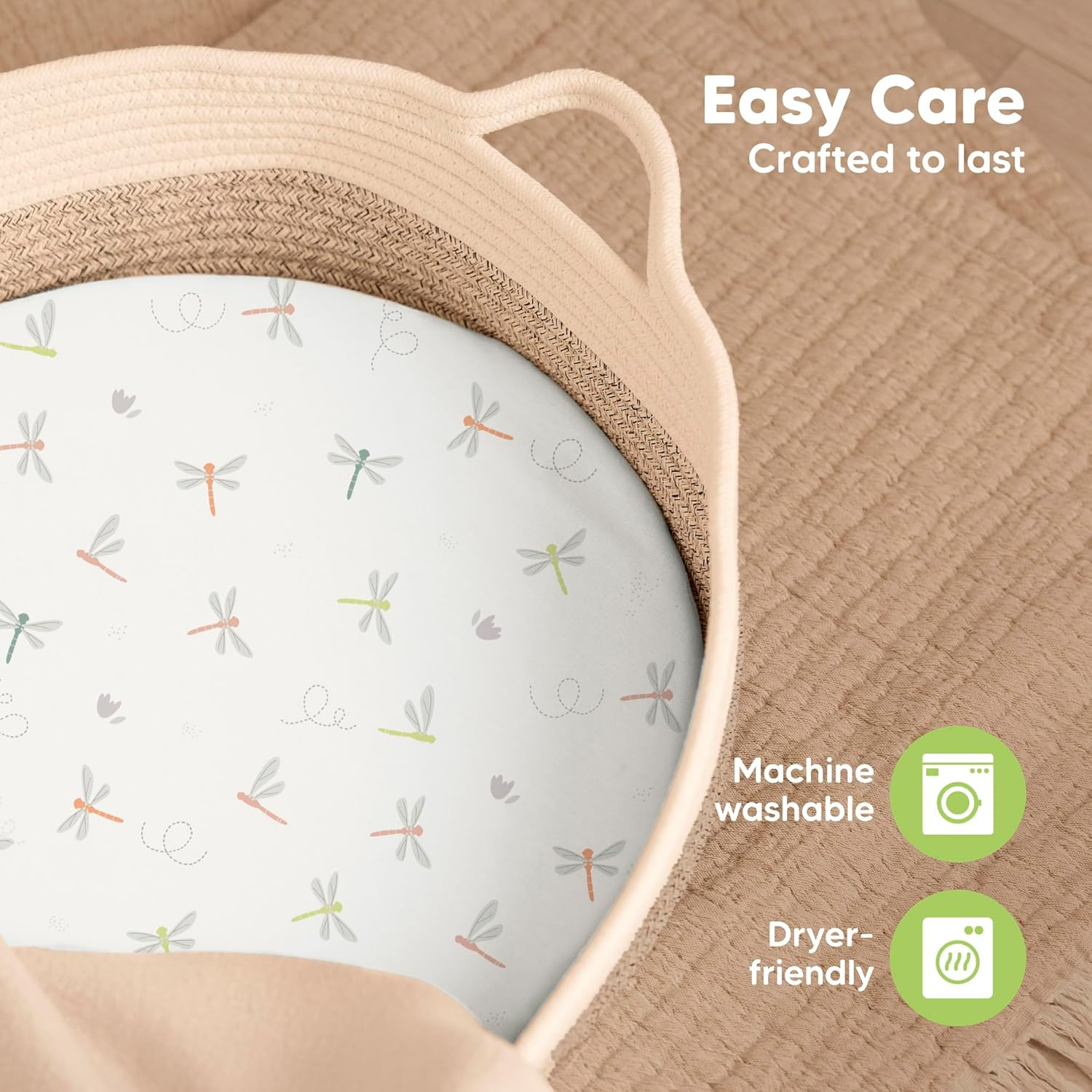 2-Pack Baby Bassinet Sheets Girl, Boy - Soft Bamboo Fitted Cot Sheets Compatible with Halo Bassinest Swivel Sleeper, Baby Delight Bedside Cot Mattress Sheet, Bassinet Fitted Sheets (Meadow) - Soft White image number 7