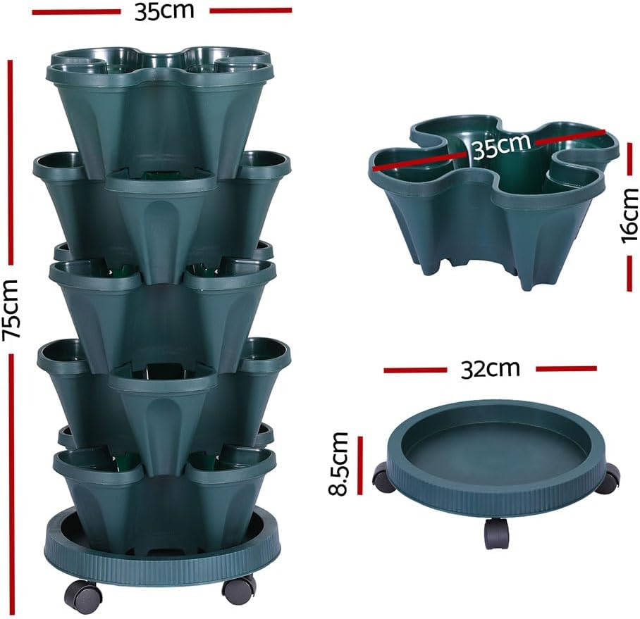 GREEN FINGERS Garden Bed 5 Tier Vertical Garden Strawberry Stackable Planters Dark Green