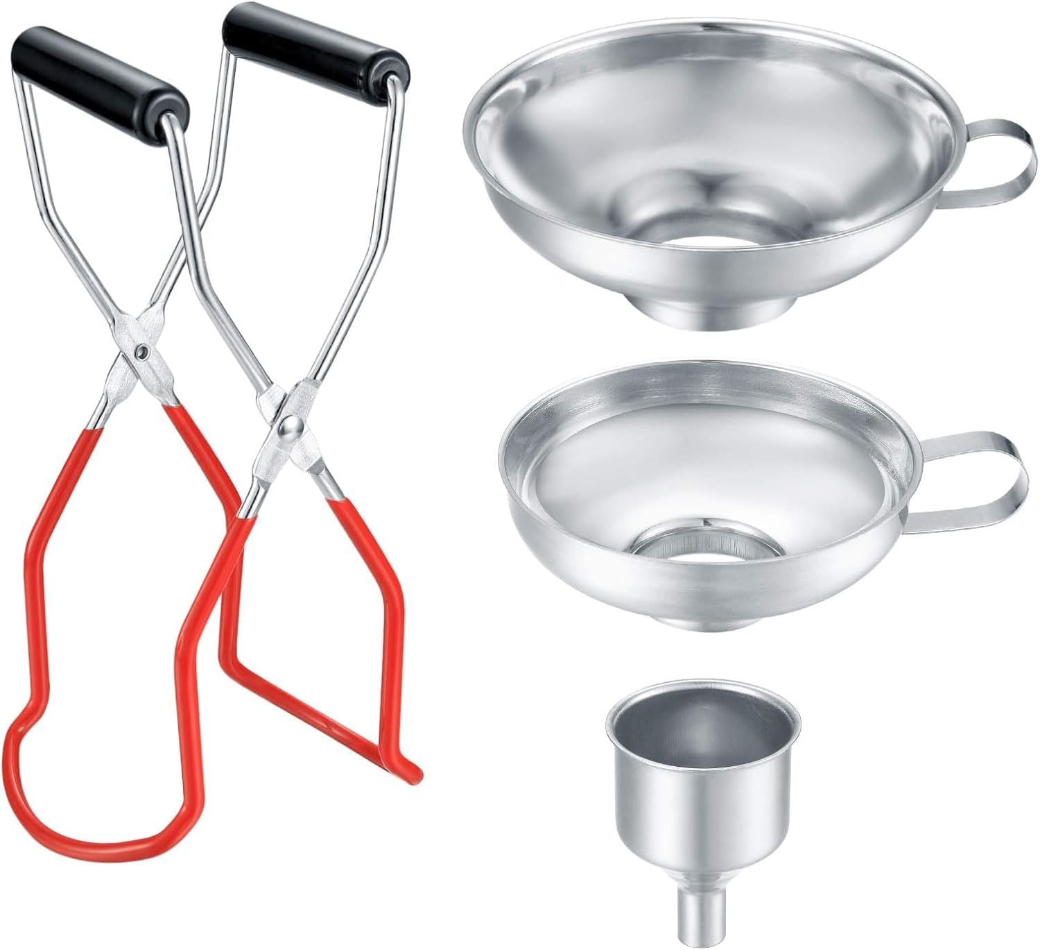 3 Pcs Canning Funnels for Wide and Regular Jars, Stainless Steel Wide Mouth Funnels, Metal Funnel Set for Kitchen Use, Transferring Liquid Power Mason Jam Grains, with Jar Tongs Lifter