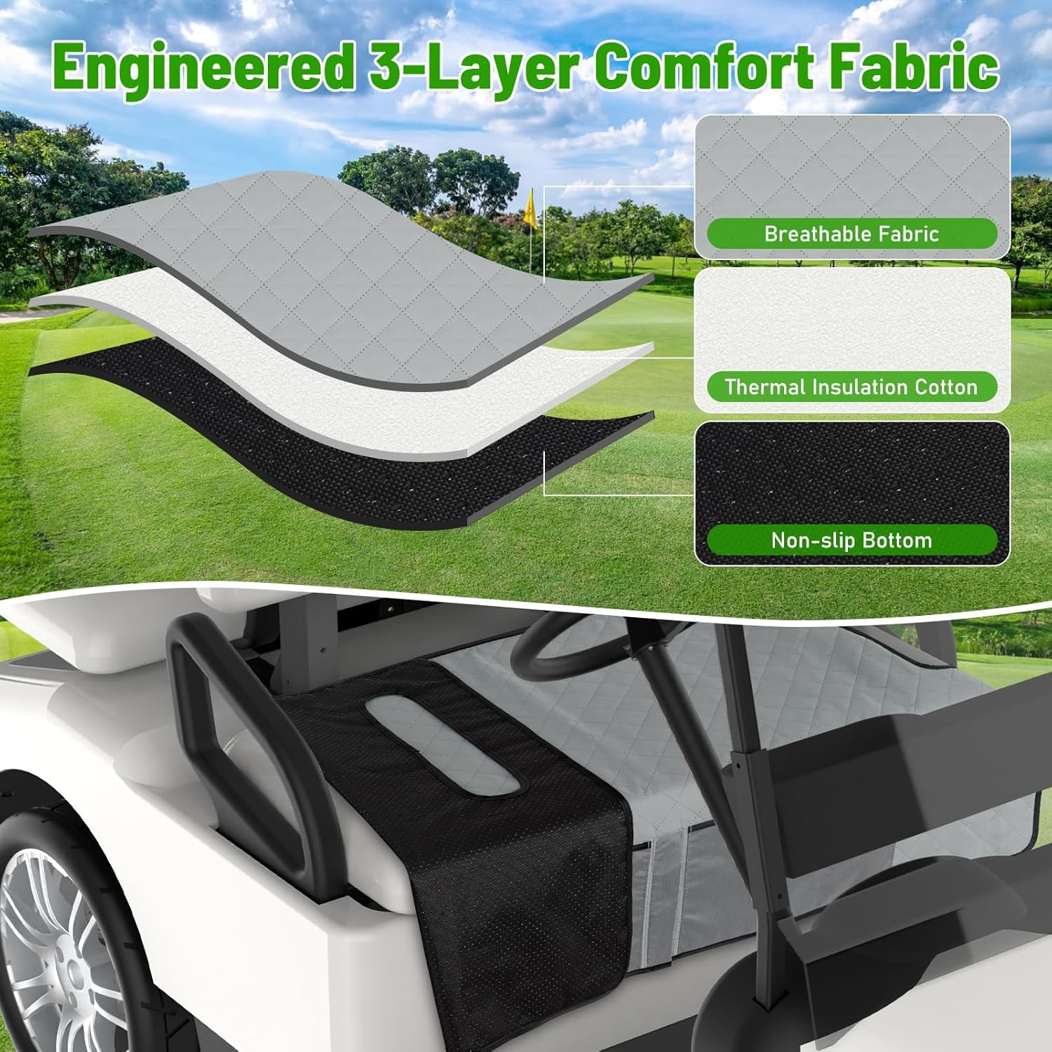 Universal Golf Cart Seat Covers with 4 Pockets, 128X80Cm Waterproof Seat Protector with Non-Slip Bottom for EZGO Yamaha Club Car, 2-Person Golf Cart Accessories with Storage Pockets