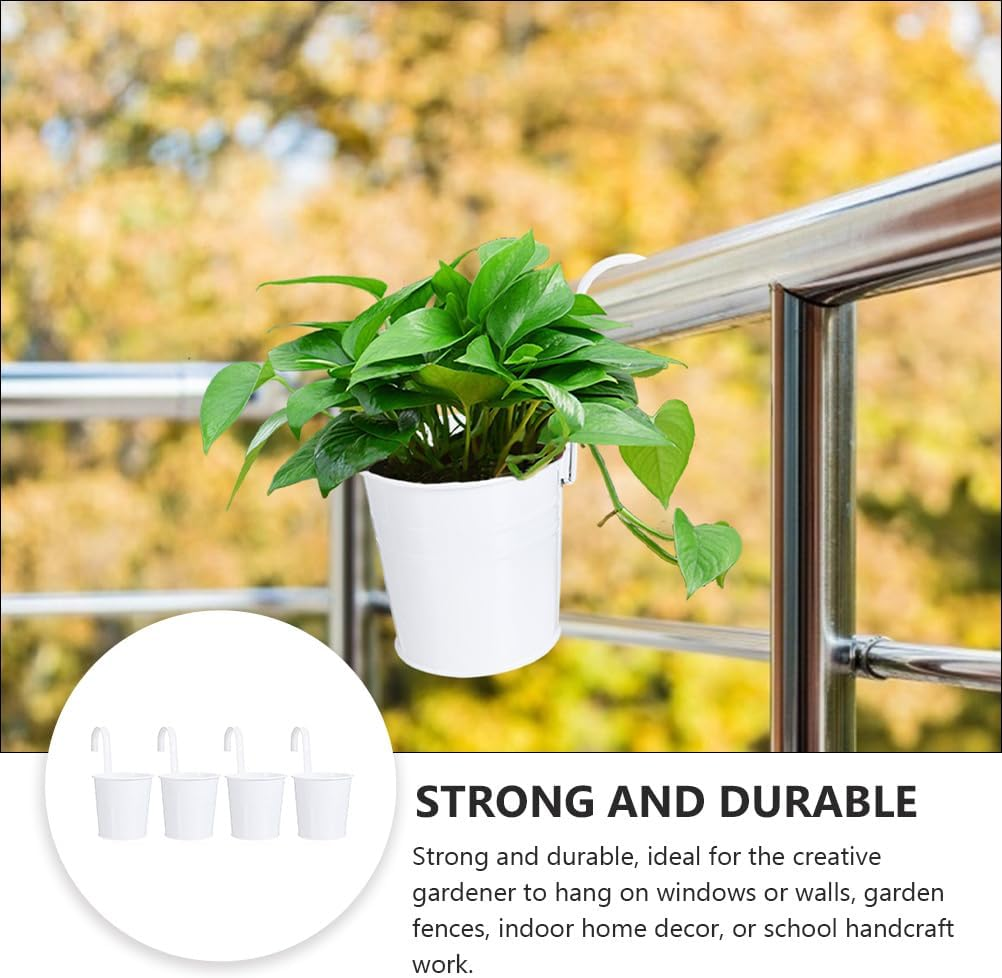 Yardwe 4 Pcs Hanging Flower Pots Metal Iron Balcony Planter Pots Wall Planter Bucket Flower Holders with Detachable Hooks, White image number 6