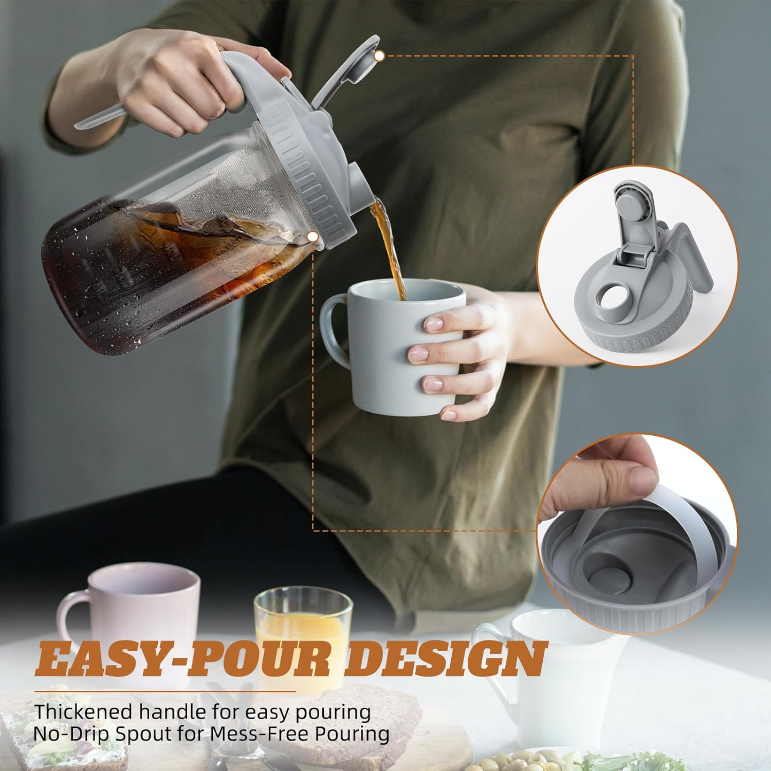 Cnsndqedke Cold Brew Coffee Maker, 32 Oz Wide Mouth Mason Jar Pitcher with Stainless Steel Filter, Pour Spout Handle Lid, Heavy Duty Glass Airtight & Leak-Proof Pitcher for Iced Coffee & Tea Lemonade image number 4