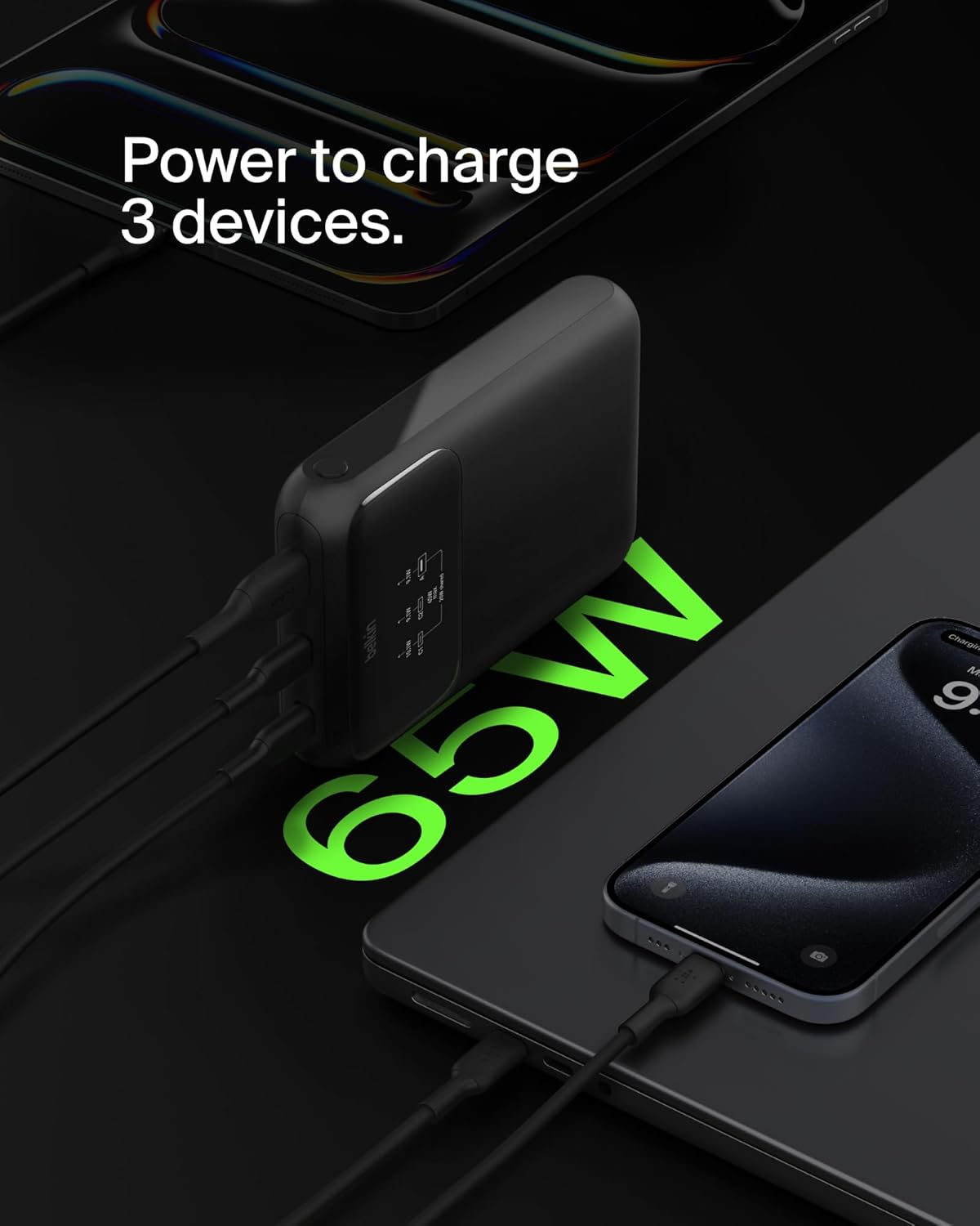 Belkin Boostcharge 3-Port Laptop Power Bank 20K W/Usb-C & USB-A Ports, Fast Charge USB-C Power Delivery, Portable Iphone Charger for Macbook, Iphone 15 Series, Ipad Pro, Galaxy S24, & More - Black image number 4
