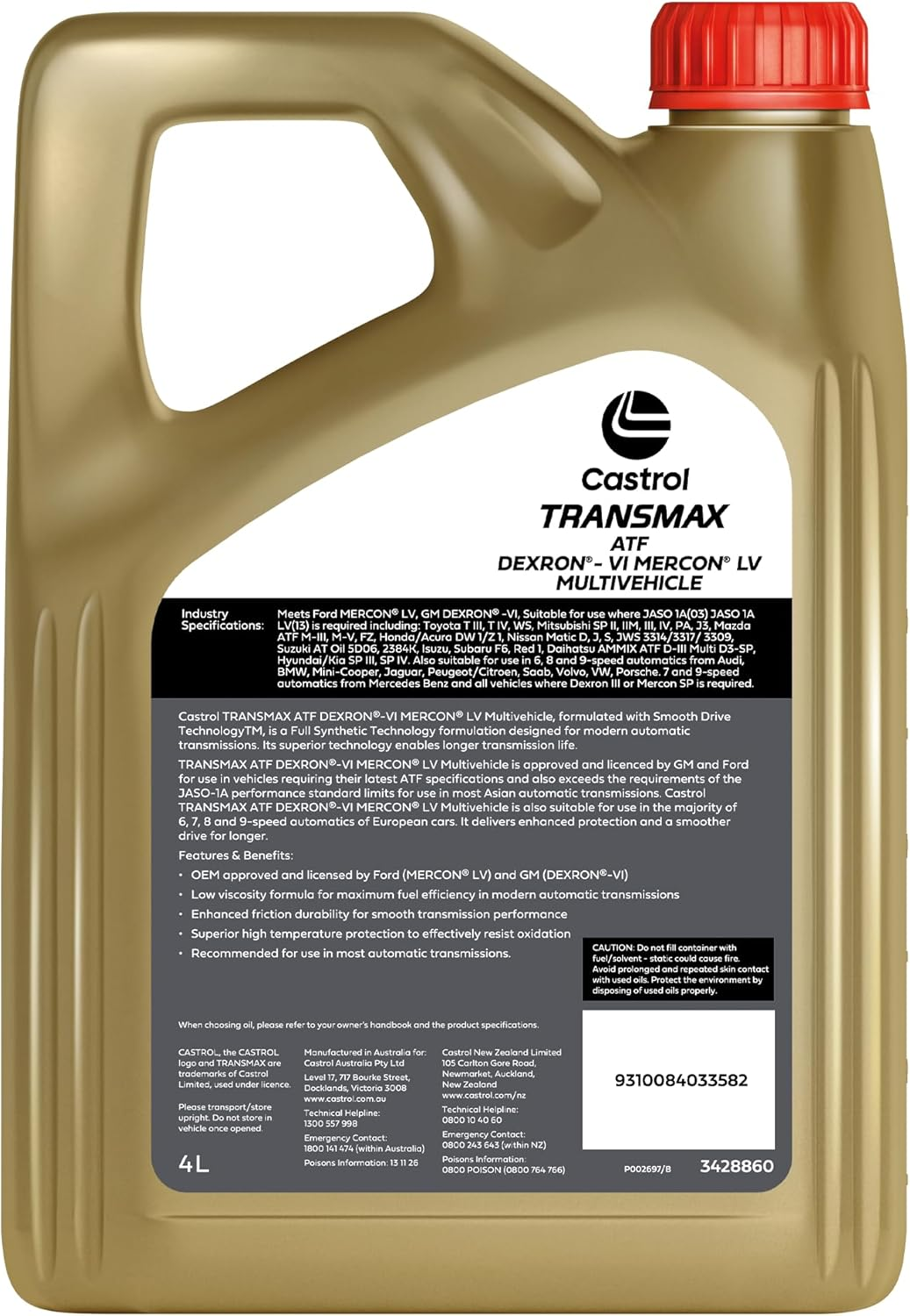 Castrol Transmax ATF Dexron-Vi Mercon LV Multivehicle Automatic Transmission Fluid 4 Litre