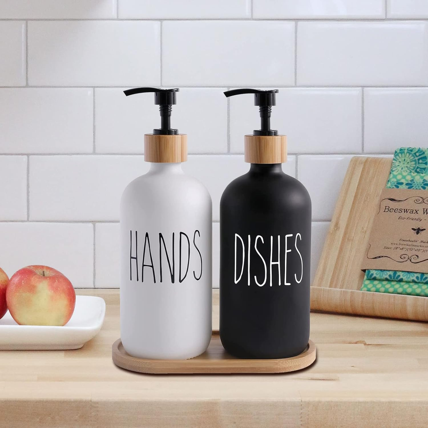 Soap Dispenser Glass 2-Set, 500Ml Shampoo Lotion Hand Soap Dispenser for Kitchen Worktop, Contains Wooden Tray and Pump Conditioner Dispenser- White+Black