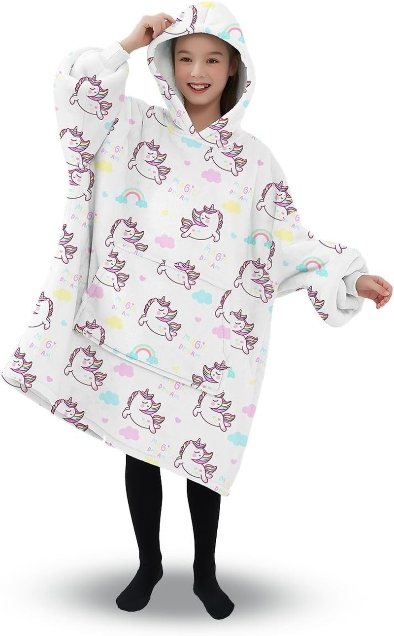 Gominimo Kids Hoodie Blanket, Warm, Cosy Double Layers, Large Pockets, One Size Fits All, Perfect for Indoor Lounging or Outdoor Adventures, Machine Washable, Unicorn White image number 6