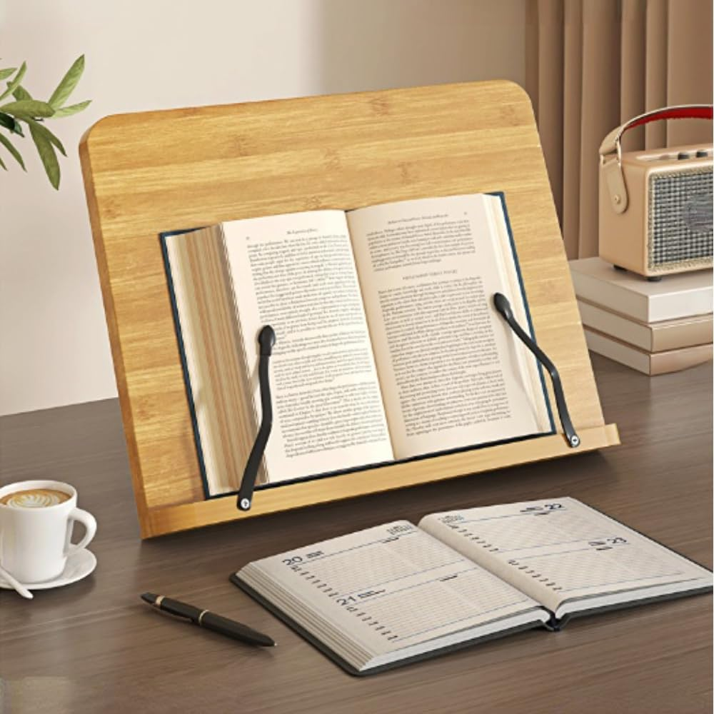 Frafuo Foldable Recipe Book Stand for Reading in Bed (28 * 20Cm)-Cook Book Holders for Kitchen Counter with 2 Adjustable Metal Page Holders-Cookbook Stand for Desk with 8 Adjustable Height image number 4