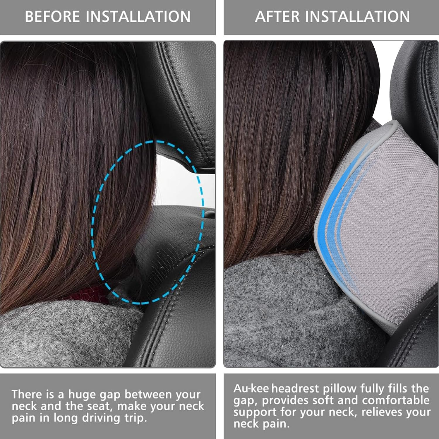 Aukee Memory Foam Car Neck Pillow Soft Leather Car Headrest for Driving Home Office Gray (Pack of 2) image number 2