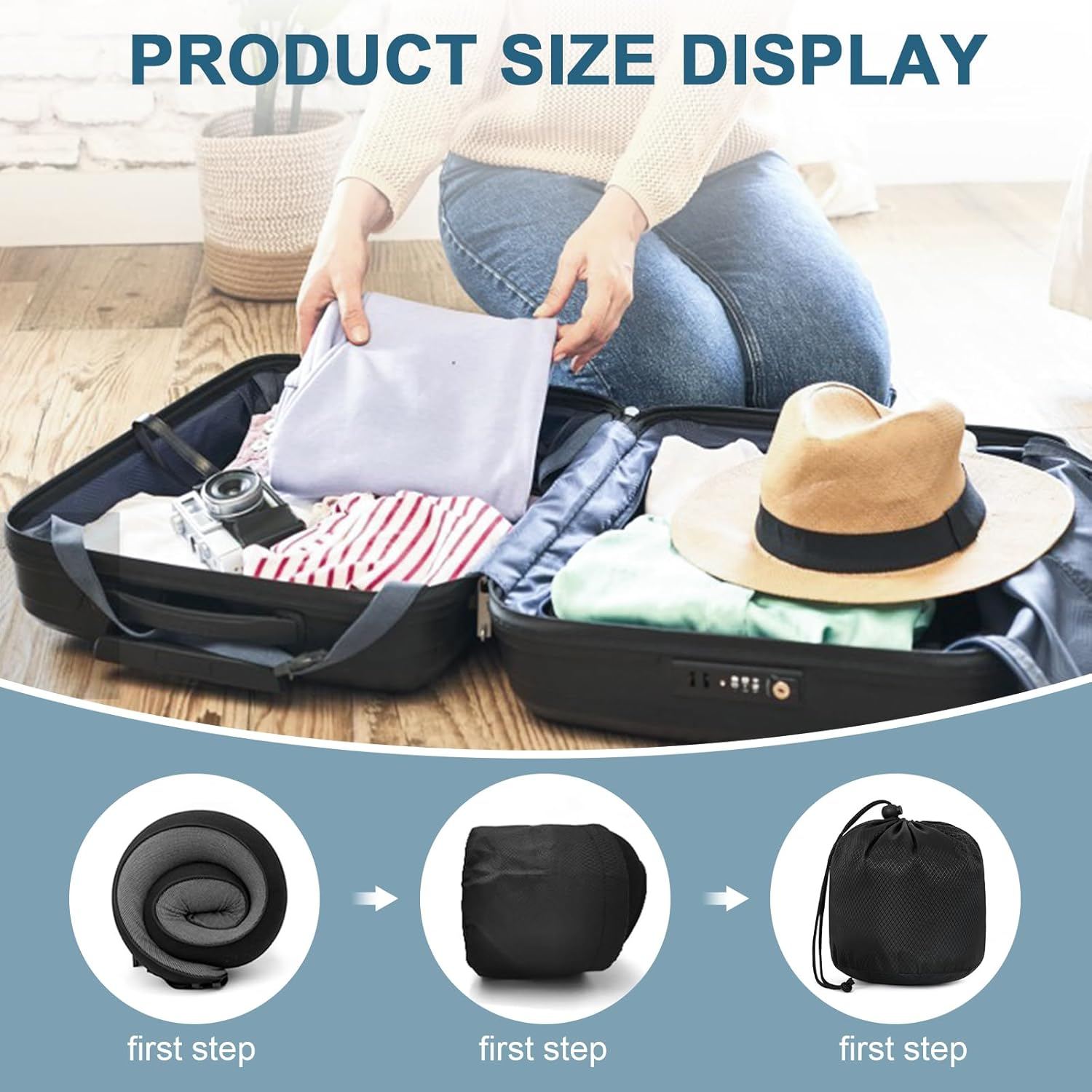 Travel Neck Pillow, Memory Foam Travel Neck Pillow for Airplanes, 360&deg; Support Stowable Pillows for Sleeping, Airplane Travel Kit with 3D Contoured Eye Masks, Earplugs, and Storage Bag (Grey) - Black image number 2