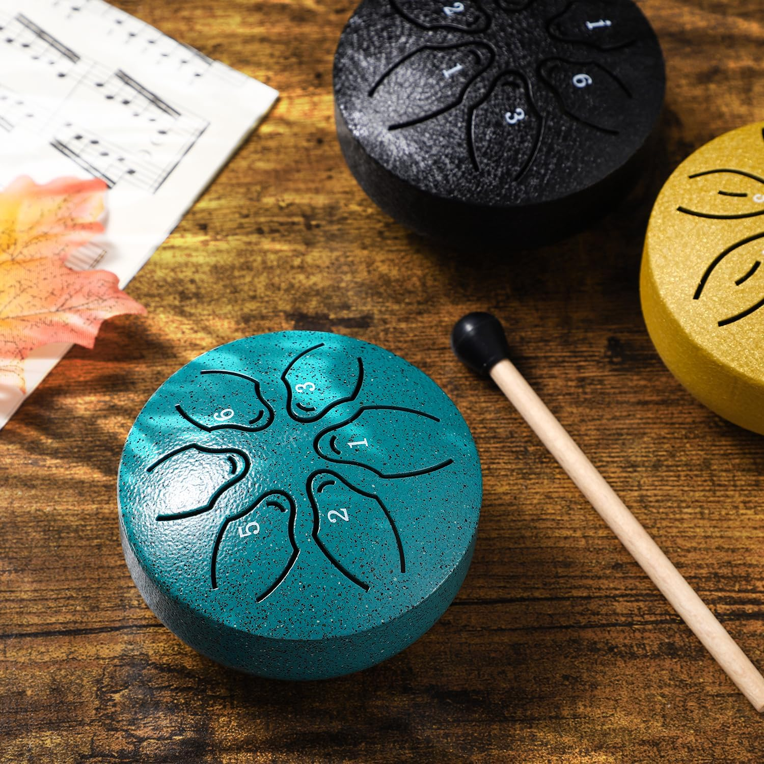 Facmogu Steel Tongue Drum Rain Chime, 3 Inch 6 Note Rain Drum for Outside, Chakra Drum for outside Garden, Mini Hand Drum with Bag- Green(Bowling Pattern) image number 1