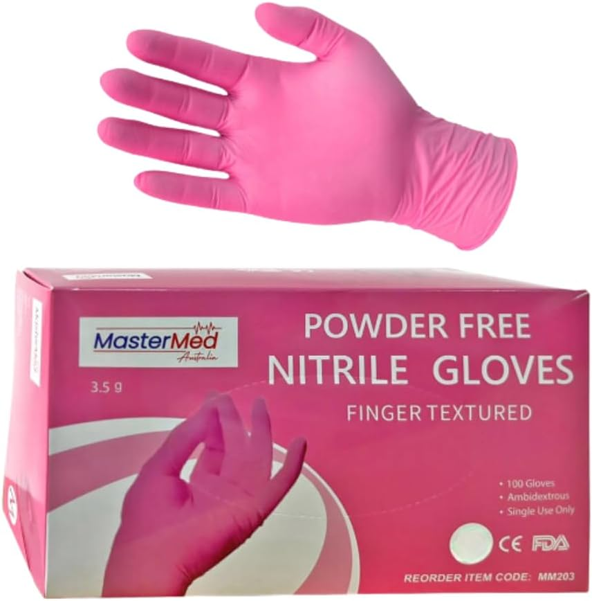 Mastermed Nitrile Gloves 3.5G, Allergy-Safe, Powder-Free, Latex-Free, Natural Rubber, Disposable, Medical, Cleaning, Examination, Chemicals, Tattoos, General Use, Food Safe - (100Pcs, Pink) image number 2