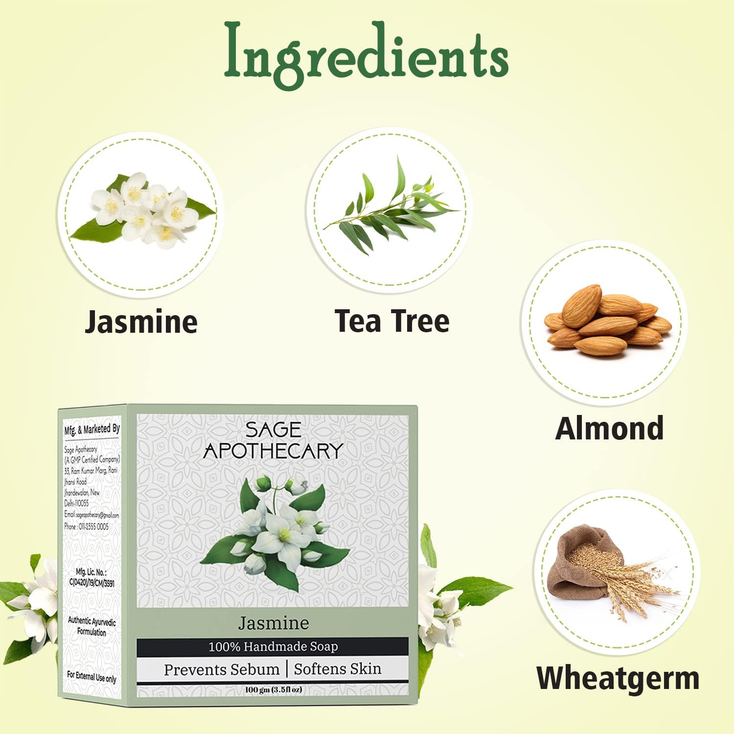 Sage Apothecary Natural Handmade Jasmine Bath Soap with Naturally Derived Ingredients | Softness & Increase Brightness - 100 GM (PACK of 1X 100 GM) image number 3