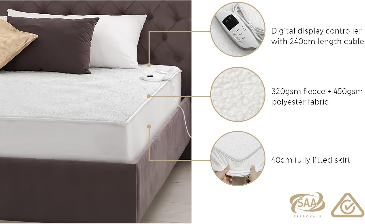 Double Electric Blanket Fully Fleece Fitted Heated Throw Rug Blanket Mattress Cover with 450GSM Polyester 9-Level Temperature Setting Hand/Machine Washable Overheat Protection image number 6