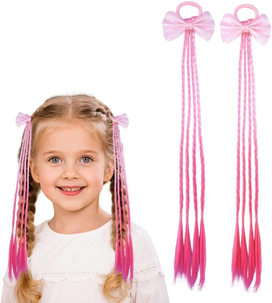 2 PCS Braids Ponytail Extension with Hair Bows Ties for Girls Pink Priness Mermaid Hair Extensions Cosplay Halloween Hair Accessories image number 4