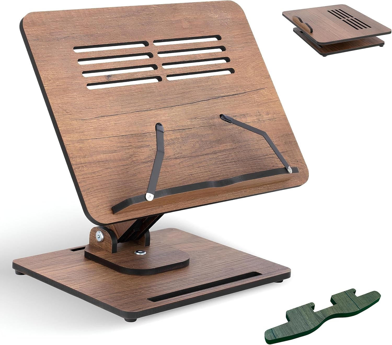 Vigo Wood Book Stand for Reading 360&deg; Adjustable, Wooden Laptop Stand, Cookbooks Holder, Music Scores, Featuring Multi-Height Angles and Foldable Design with Page Clips. image number 5