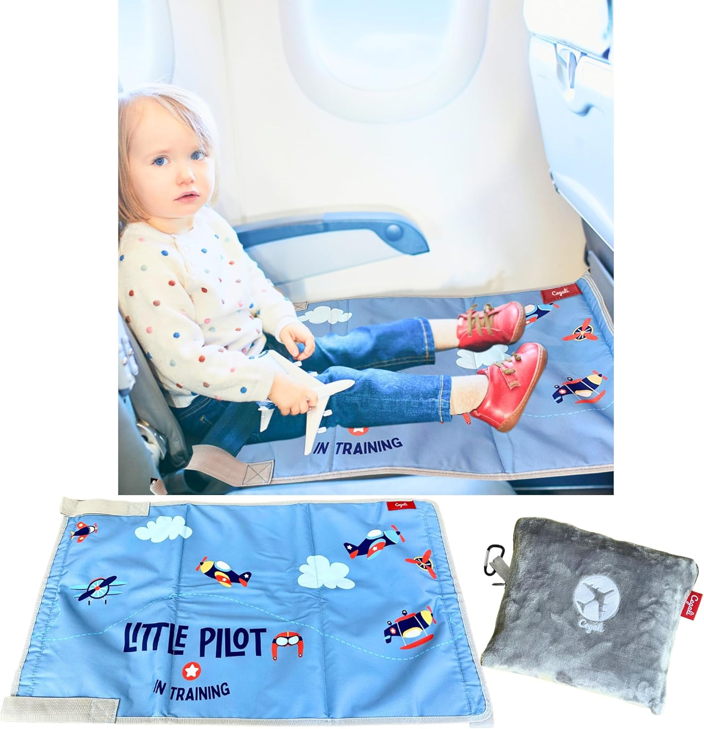 Cegali Airplane Seat Extender for Kids: Enhance Your Child'S In-Flight Comfort. Travel Toddler Bed, Airplane Footrest, Airplane Foot Hammock and Seat Extender, All in One (Little Pilot - Cool Grey) image number 5