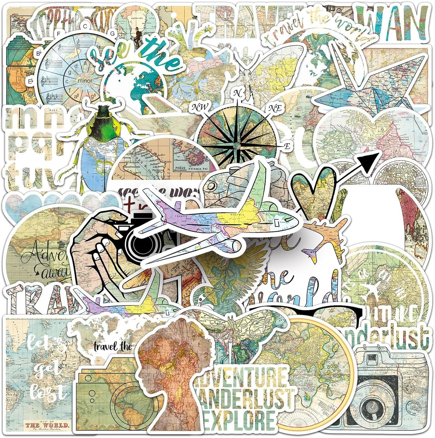 50 PCS Retro Map Stickers for Laptop,Phone,Luggage,Computer,Bicycle,Skateboard,Water Bottle Decals for Children,Teens,Adults,Boys,Girls,Kids Vinyl Waterproof Stickers