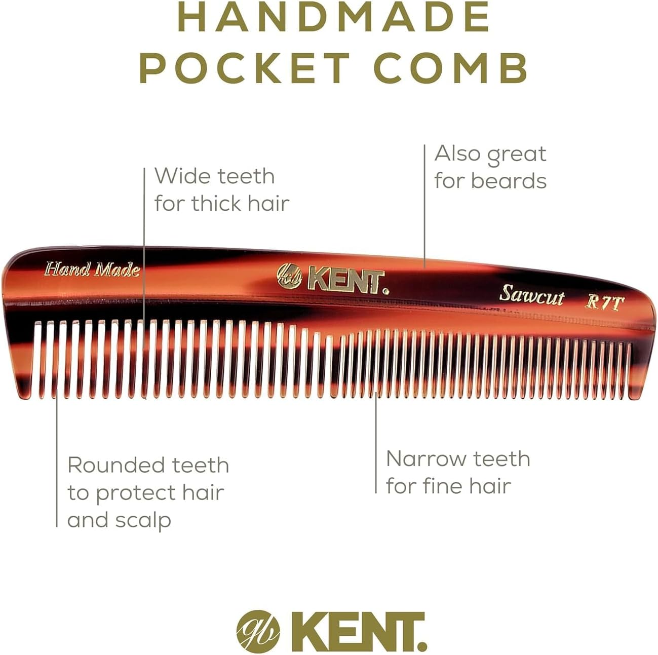 Kent R7T Small Double Tooth Hair Pocket Comb, Fine / Wide Tooth Comb for Hair, Beard and Mustache, Coarse / Fine Hair Grooming Comb for Men, Women and Kids. Saw Cut Hand Polished. Handmade in England image number 2