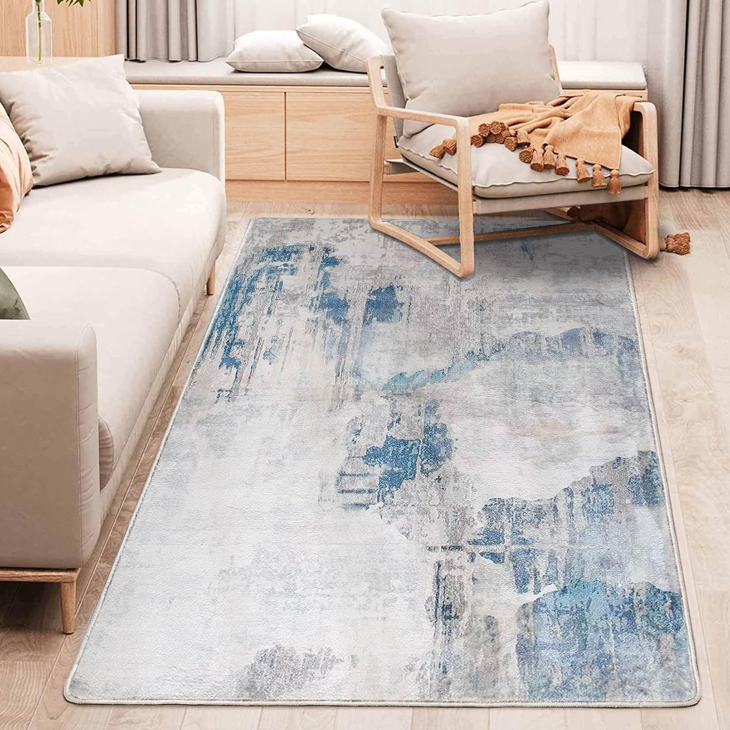 Rugs Living Room Grey Area Rugs for Bedroom Modern Abstract Rug Large Short Pile Rugs Carpet Non-Slip Soft Living Room Rugs Room Decor (Lake Blue/Grey/Beige, 120 X 160 Cm) image number 6