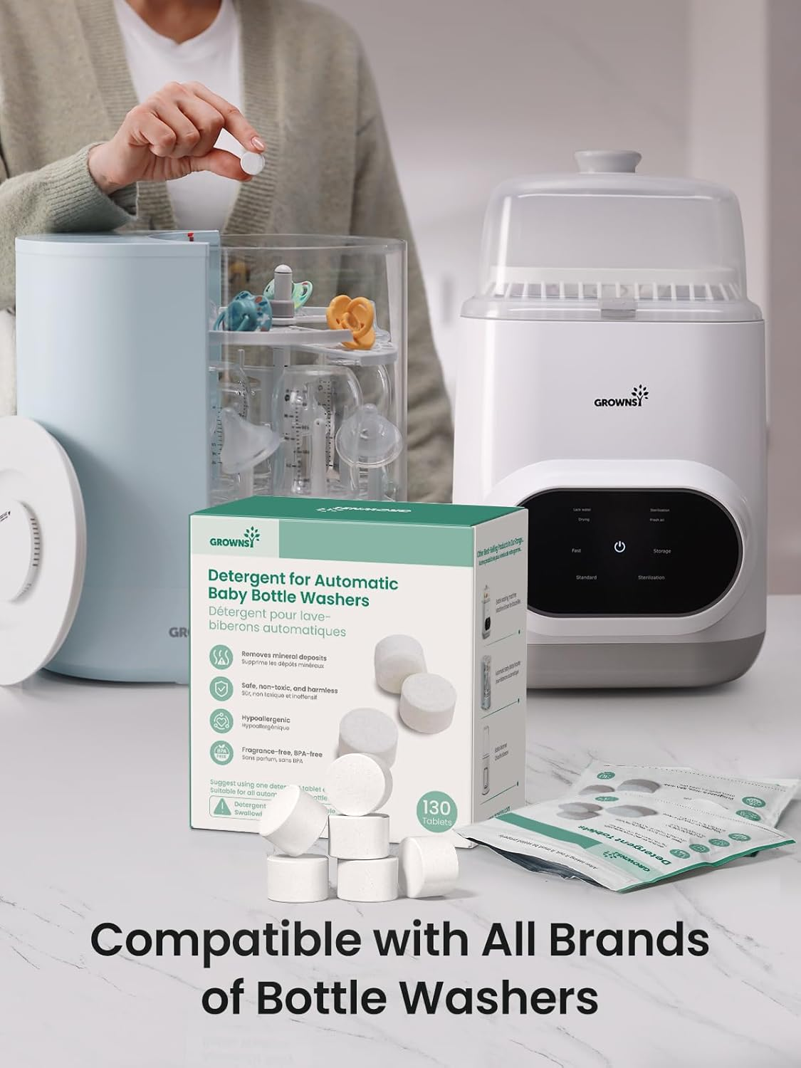 GROWNSY Detergent Washing Tablets 130 PCS for Momcozy, Baby Brezza, Papablic Bottle Washer, Compatible with All Brands Baby Bottle Washers