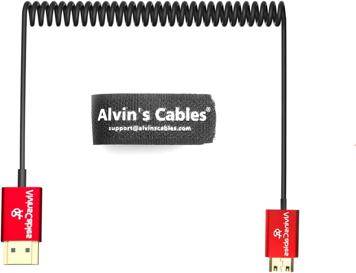 Alvin'S Cables 8K High Speed Mini HDMI to HDMI Coiled Cable, Aluminum 8K@60Hz 4K@240Hz HDMI 2.1, Compatible with Camera, Camcorder, Tablet and Graphics/Video Card, Laptop, Projector