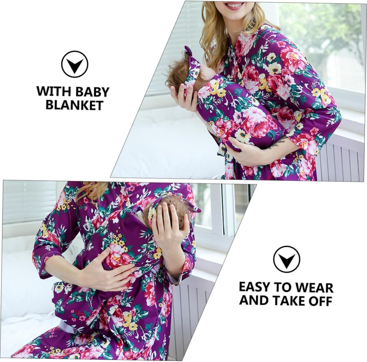 FOMIYES 3Pcs Maternity Robe for Women with Blanket and Headband Breathable Nursing Nightgown with Elegant Floral Print Comfortable Loose Fit Sleepwear for Postpartum and Pregnancy S image number 4