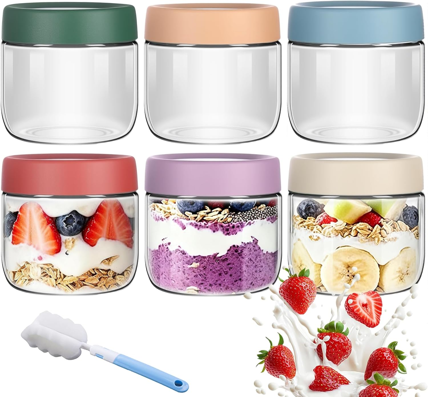 6 Pack 350ML Overnight Oats Container Jar with Airtight Lid, Freezer Dishwasher Safe Glass Food Storage Containers, Meal Prep Containers for Salad Pickle Snacks Jam, Fridge Pantry Storage Containers image number 2
