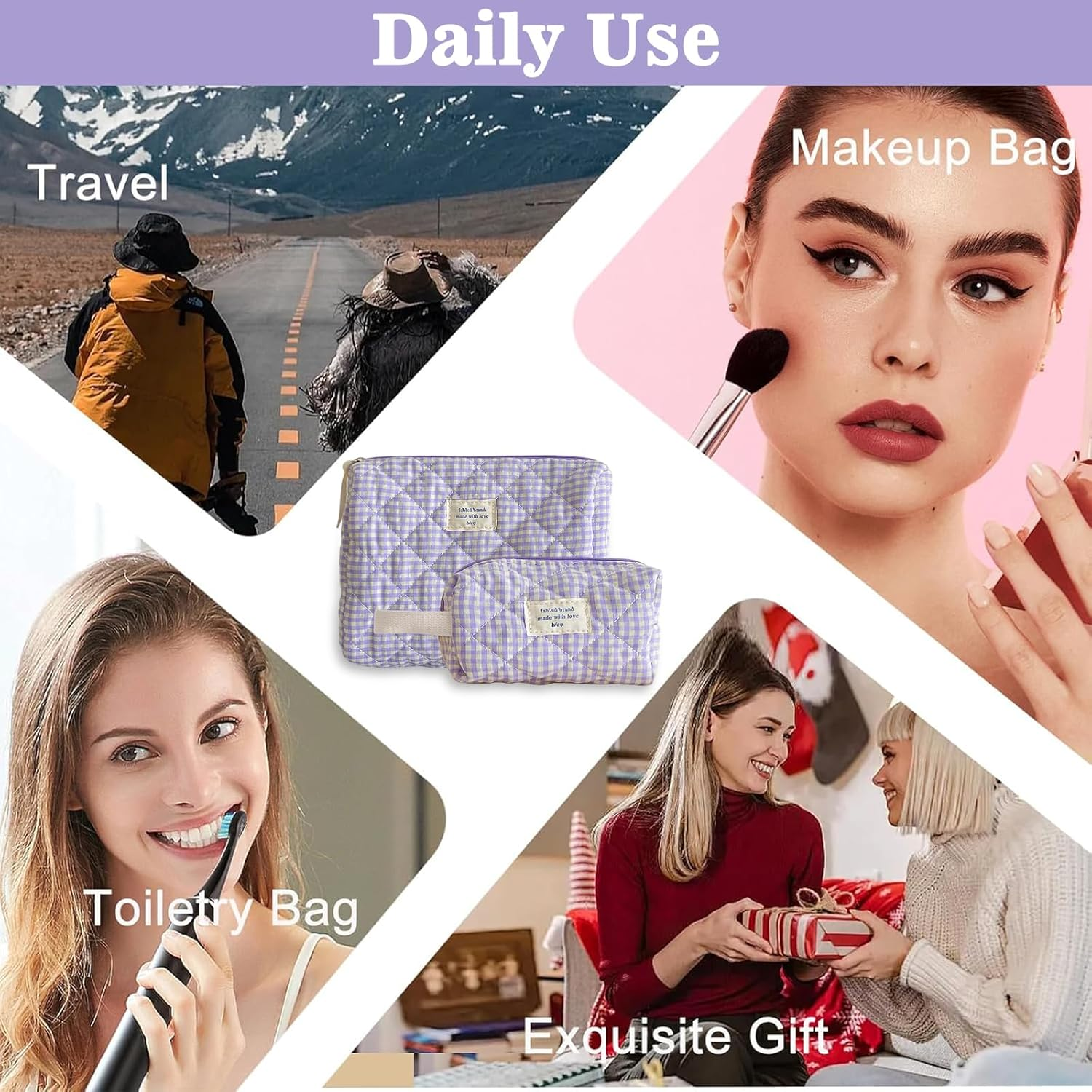 2 Pcs Cotton Quilted Makeup Bag Set,Makeup Brushes Storage Bag,Fashion Sweet Organizer, Cute Travel Toiletry Bag,Women Checkered Design (24Cm+16Cm) image number 3