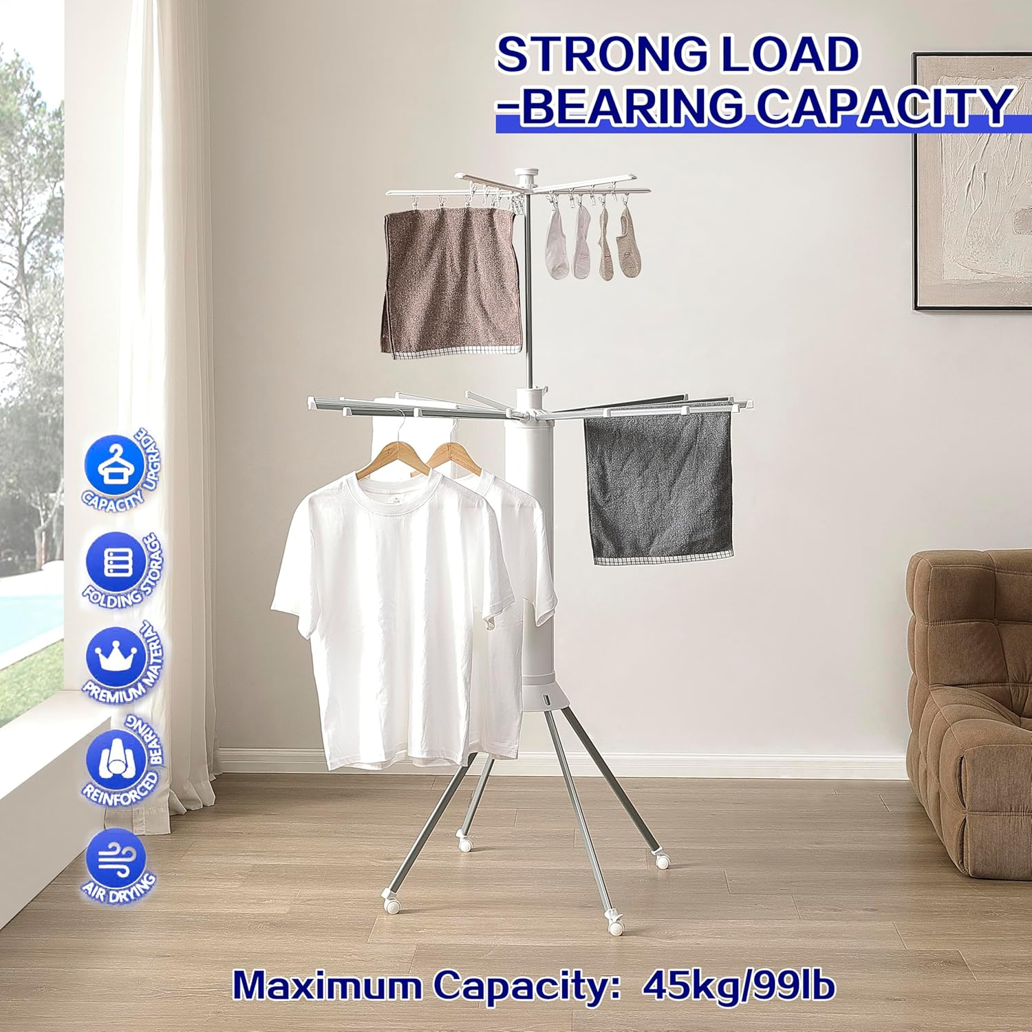 SIMTWO 2-Level Clothes Drying Rack Foldable, Portable Laundry Drying Rack with 21 Rods, Collapsible Folding Drying Rack for Clothes with 4 Legs, Aluminum Standing Dry Racks for Indoor & Outdoor image number 4