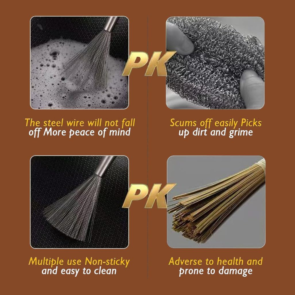 Stainless Steel Brushes, 2 Pcs Multi-Functional Kitchen Scrubber with Long Handle, Cookware Scrubber Brush, Suitable for Removing Stubborn Messes from Cast Iron, Pots, Pans, Grill