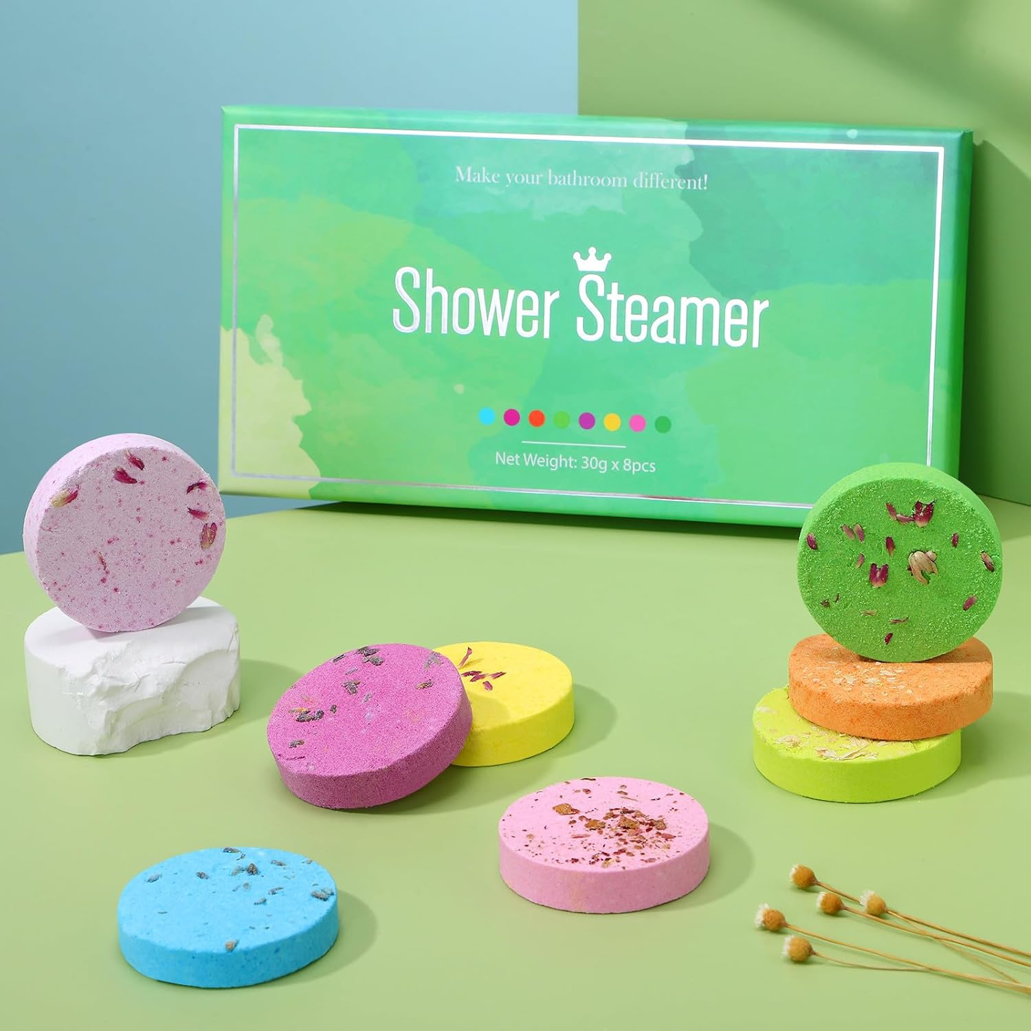 BEBEMOKO 8Pcs Aromatherapy Shower Steamers with Essential Oils, 30G Bath Sea Salt Tablets for Women, Mood Relief Bath Aroma Tablets Spa Shower Set image number 4