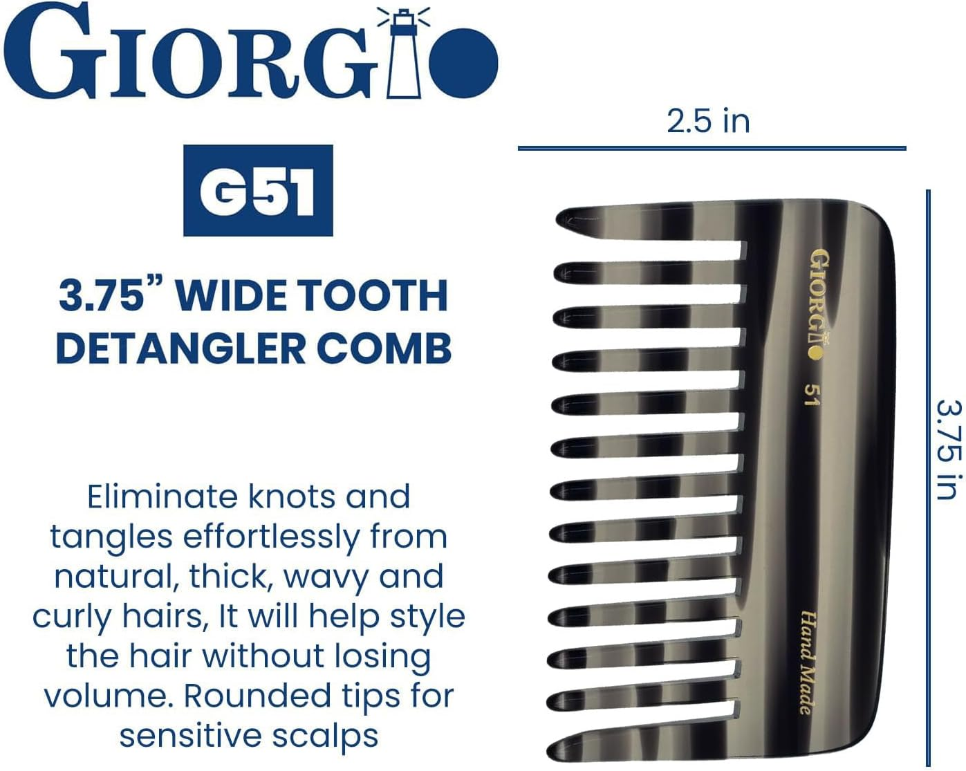 Giorgio G51 Graphite Small Travel Purse Detangling Comb - Wide Teeth Pocket Comb for Thick, Curly and Wavy Hair, Wet or Dry Use, Handmade of Cellulose, Saw-Cut, Hand Polished image number 5